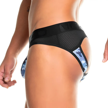 Black and blue camouflage brief jockstrap with mesh fabric design by gigo for athletic use