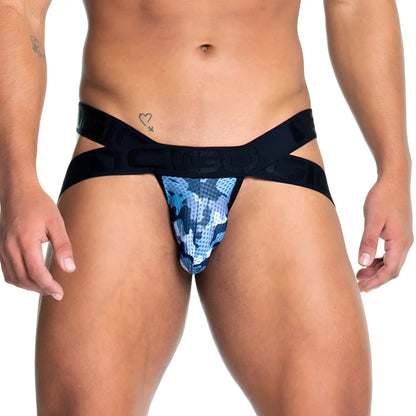 Blue and black camouflage patterned menâ€™s briefs with wide black waistband from gigo camo black jockstrap collection
