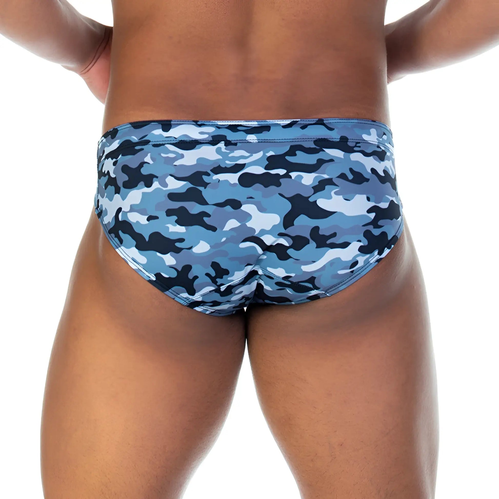 Gigo camo black swim brief in blue and black camouflage pattern designed for swimming and beachwear