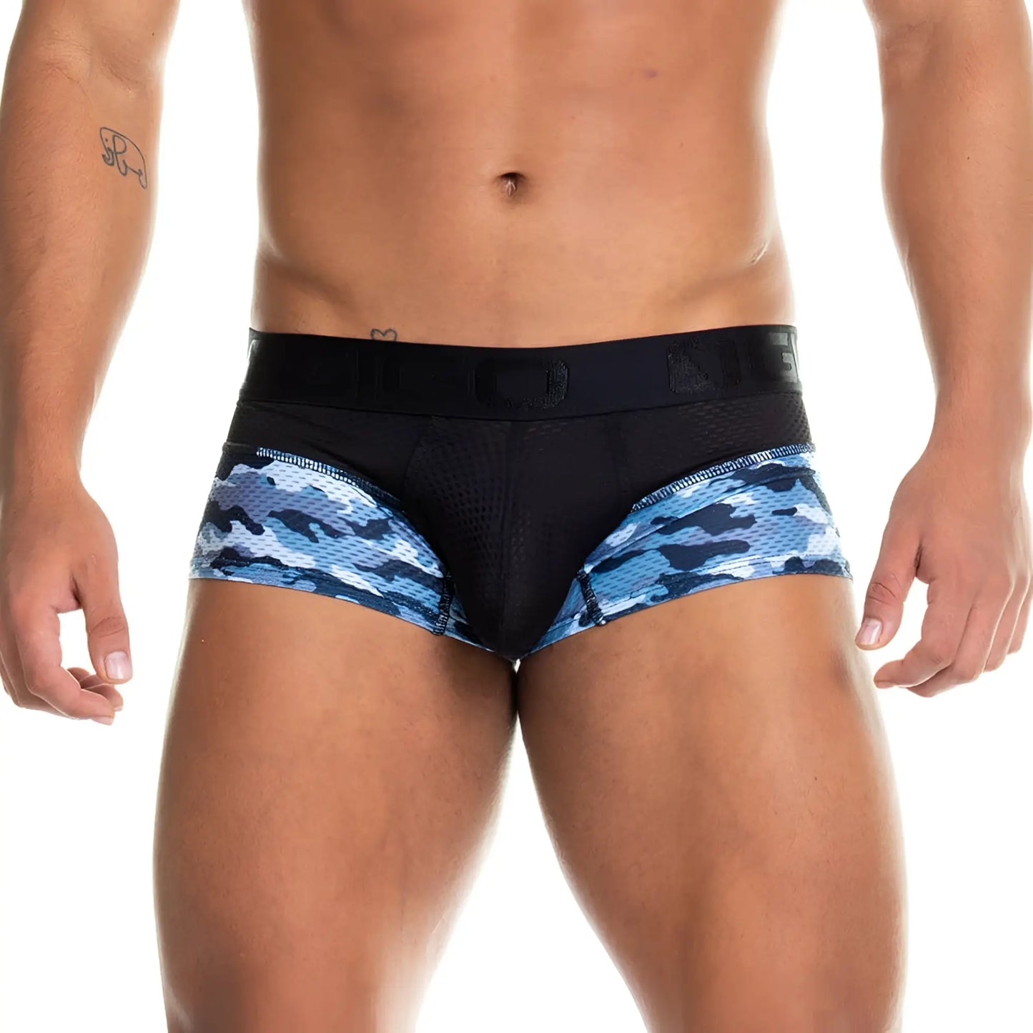 Blue and black camouflage patterned menâ€™s briefs with mesh waistband gigo camo black trunk front view