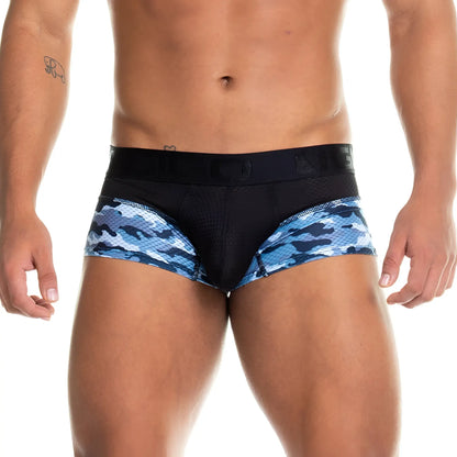 Blue and black camouflage patterned menâ€™s briefs with mesh waistband gigo camo black trunk front view