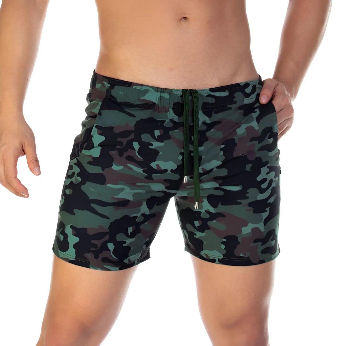 Menâ€™s gigo camo green beachwear swim trunks with green camouflage print and drawstring waistband for beach use