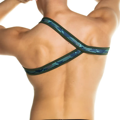 Blue and green snake-scale patterned cross-back strap lingerie shown from the back in gigo camo green harness style
