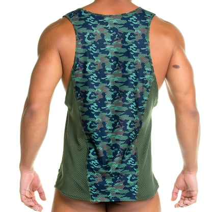 A menâ€™s gigo camo green tank with green and brown camouflage pattern and breathable mesh side panels