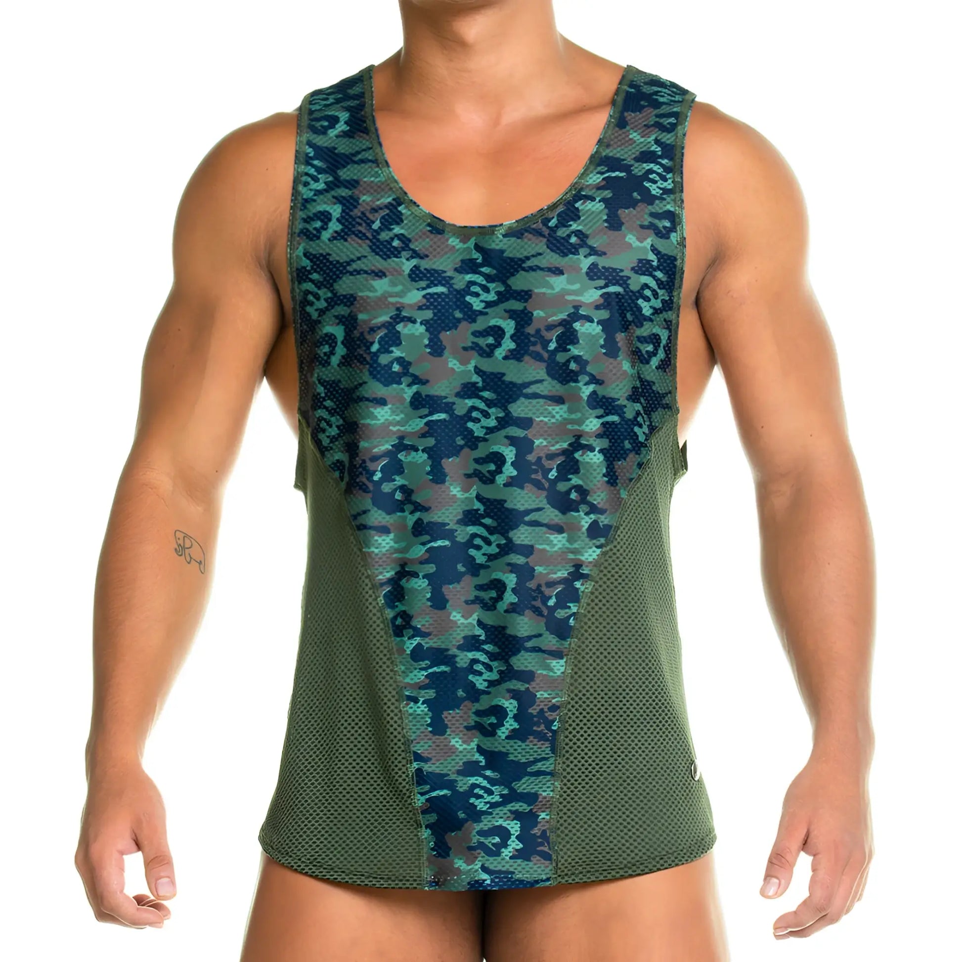 Gigo camo green tank menâ€™s athletic tank top with teal camouflage front panel and olive green mesh side panels