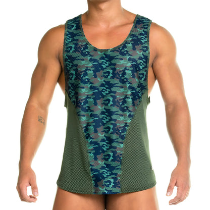 Gigo camo green tank menâ€™s athletic tank top with teal camouflage front panel and olive green mesh side panels