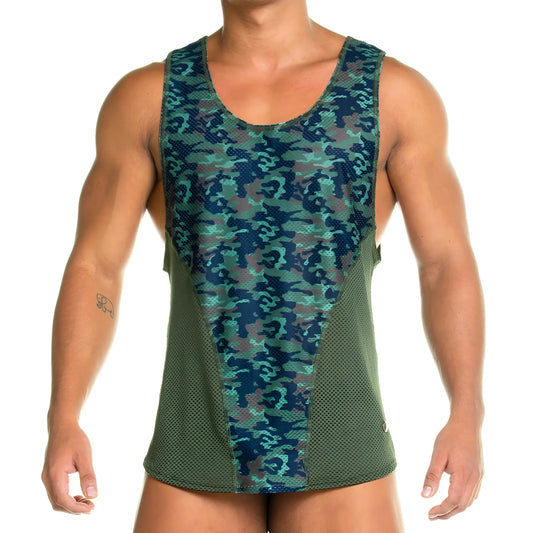Gigo camo green tank menâ€™s athletic tank top with teal camouflage front panel and olive green mesh side panels