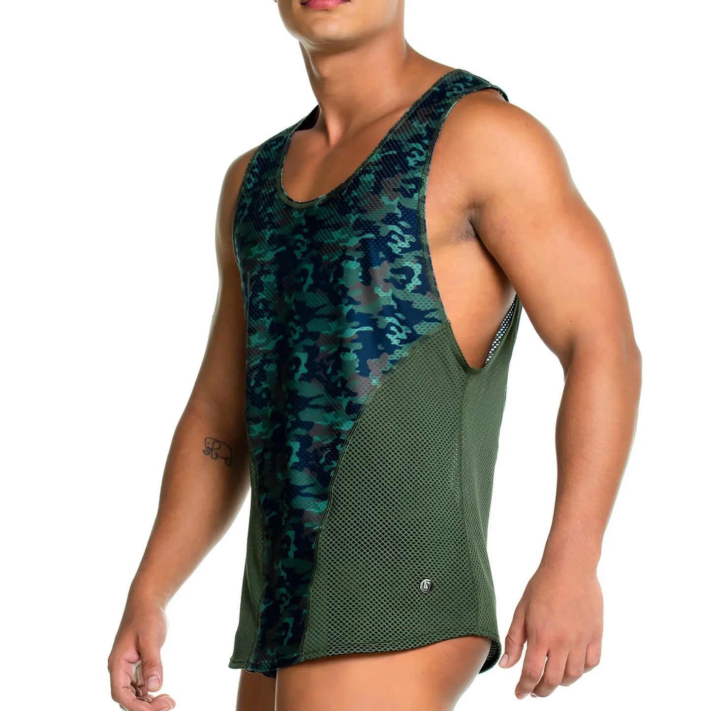 A menâ€™s sleeveless gigo camo green tank top with green black camouflage upper and olive green mesh sides and back