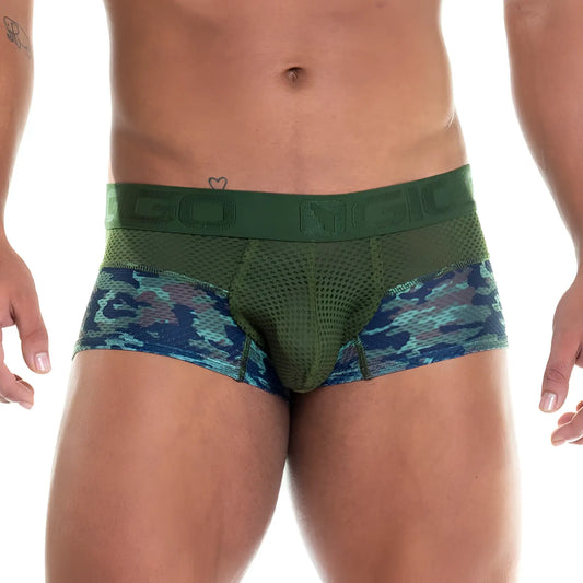 Green and blue camouflage patterned menâ€™s briefs with a mesh front panel from the gigo camo green trunk collection