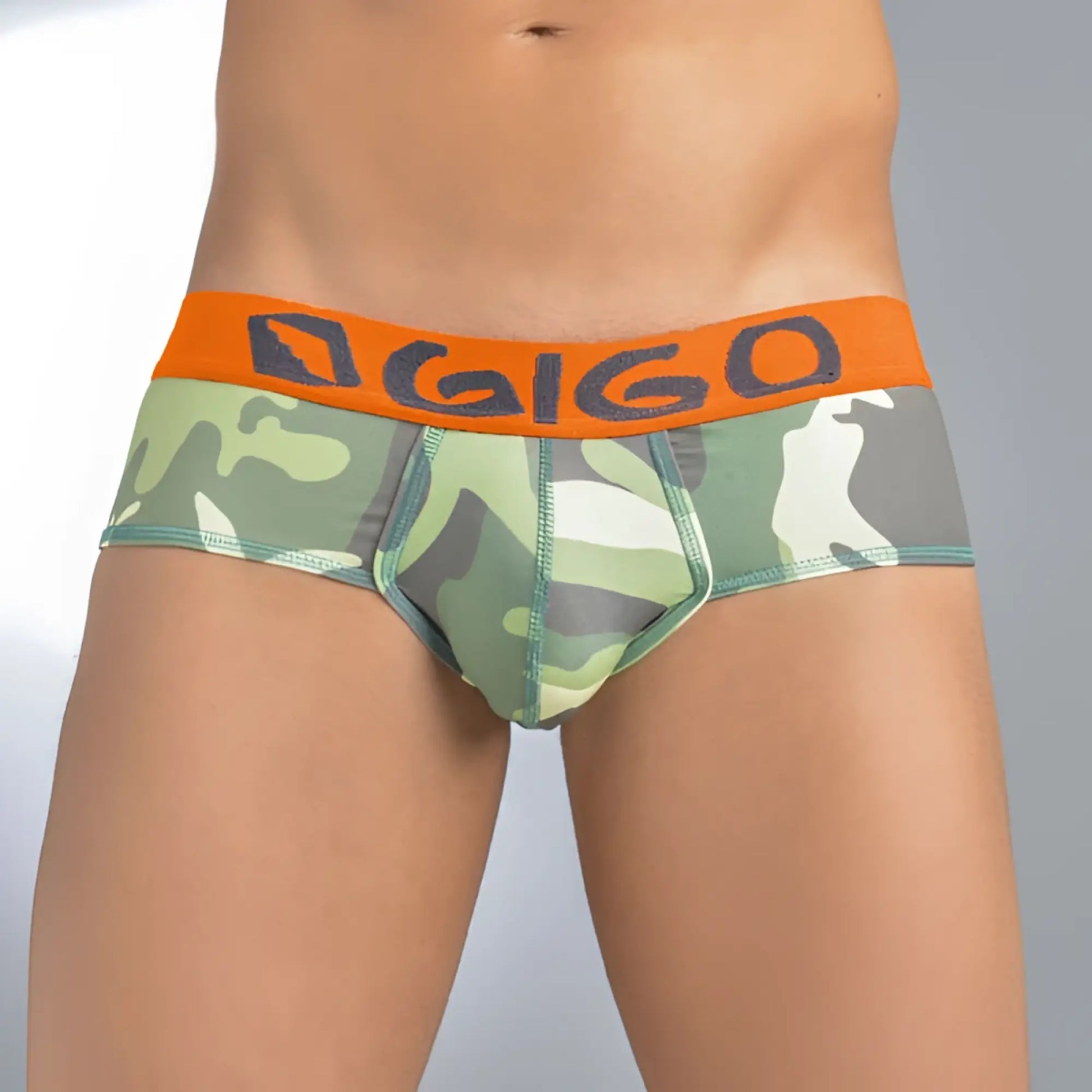 Green and gray camouflage patterned briefs with orange gigo waistband in size s for comfortable underwear wear