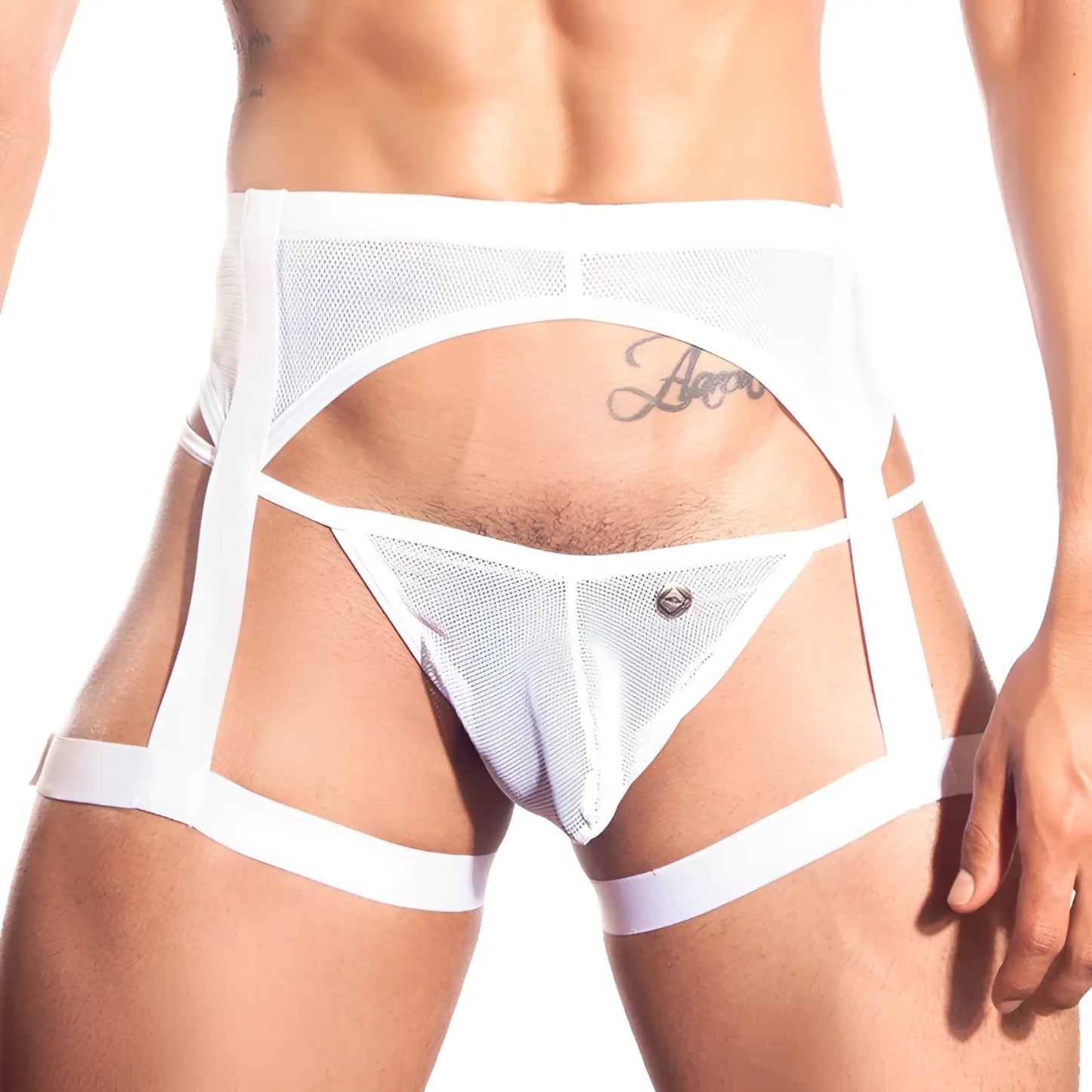White mesh harness-style briefs with wide straps and central clasp gigo candle white garter mesh jock strap size m