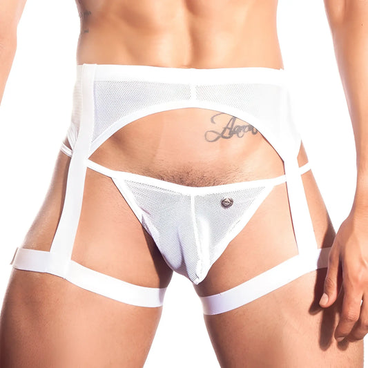 White mesh harness-style briefs with wide straps and central clasp gigo candle white garter mesh jock strap size m