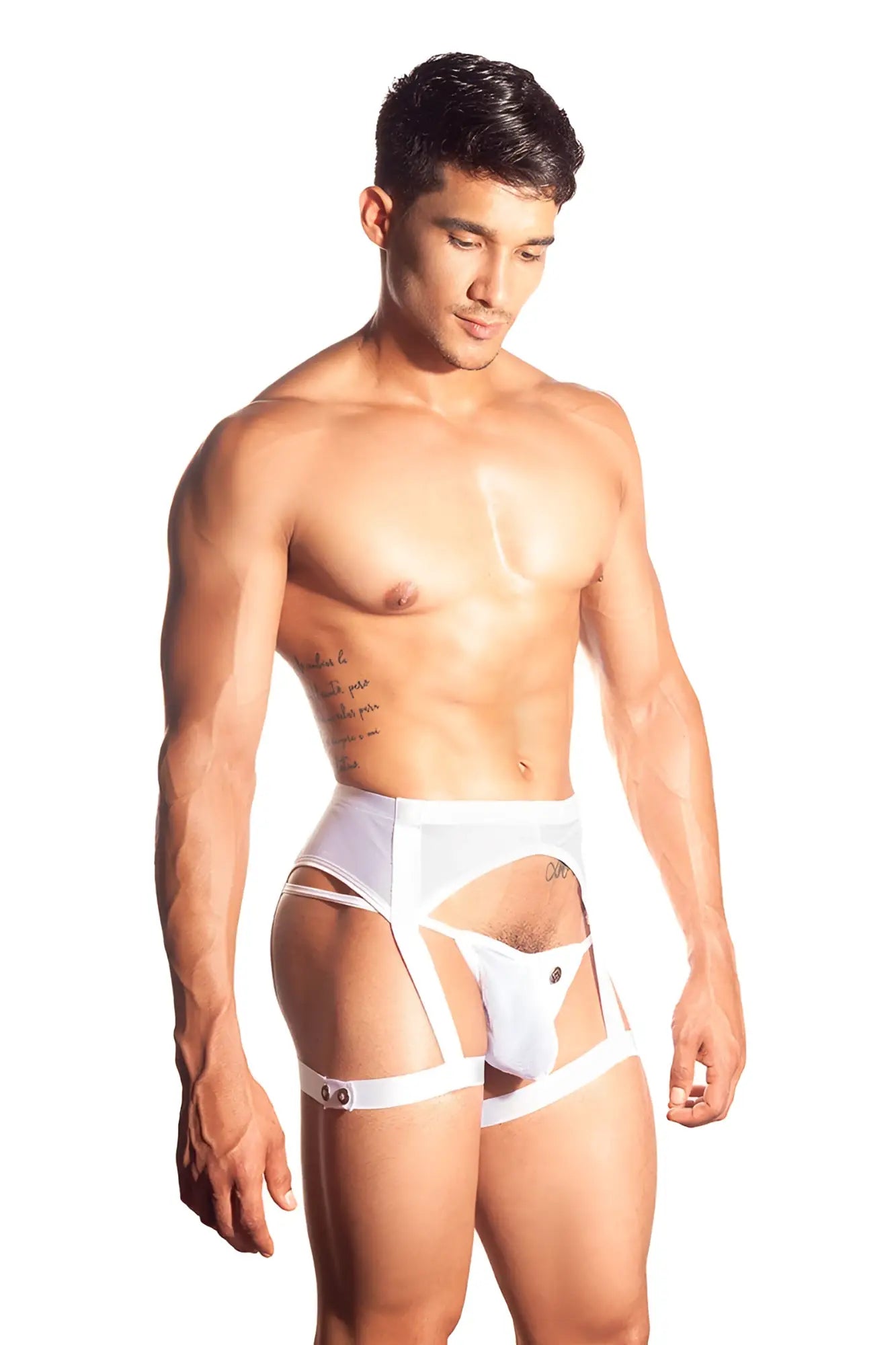 White lace-trimmed gigo candle white garter mesh jock strap underwear with adjustable straps and button closure size m