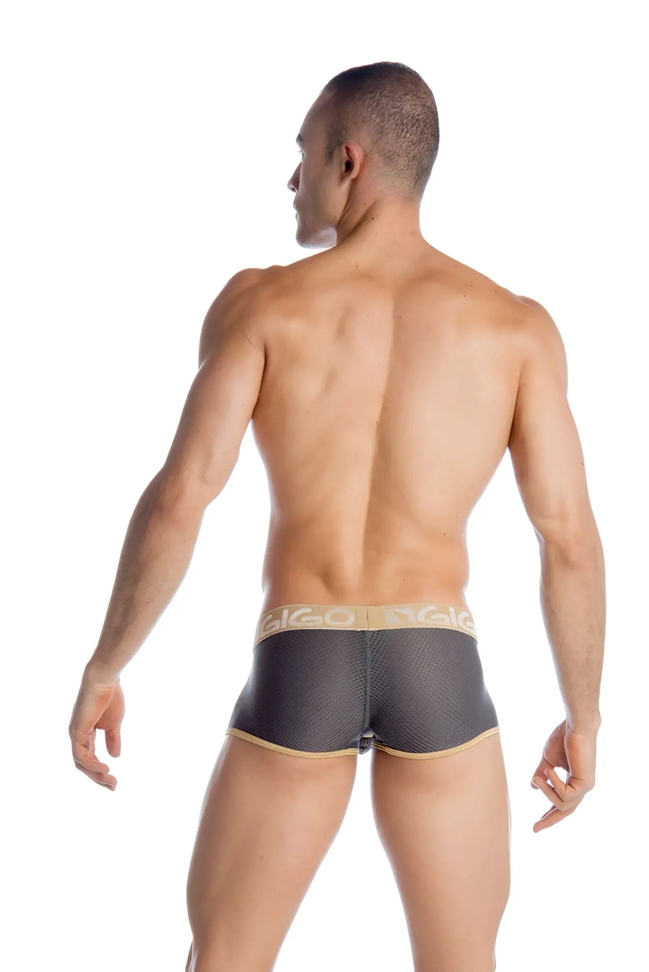 Black mesh Gigo CAPRIATI grey short boxer briefs with beige elastic waistband and logo trim size S front view