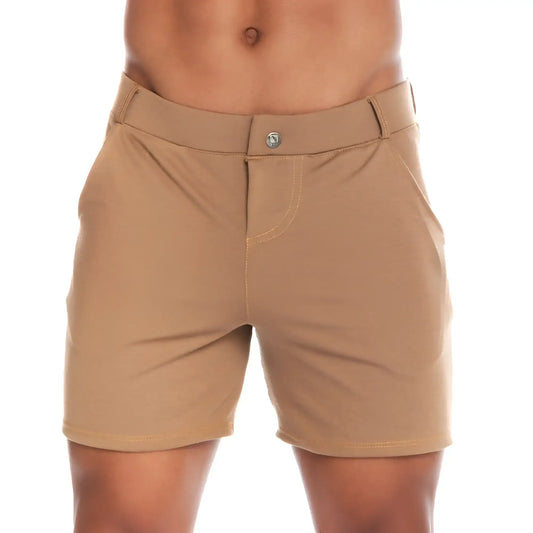 Tan chino cargo shorts with button closure and subtle stitching details ideal for casual wear