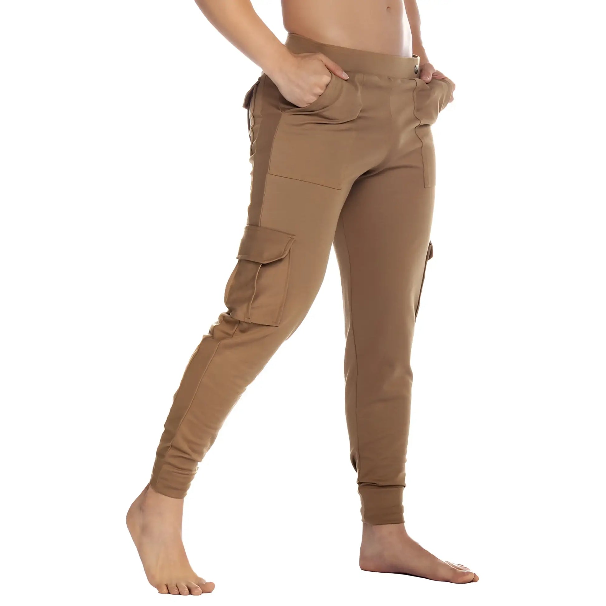 Tan gigo cargo caqui sportpants with multiple pockets and relaxed fit designed for casual and active wear
