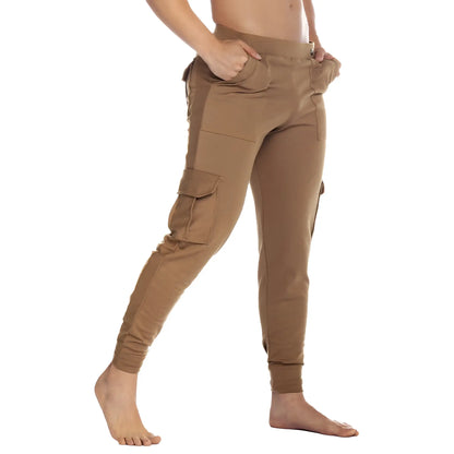 Tan gigo cargo caqui sportpants with multiple pockets and relaxed fit designed for casual and active wear