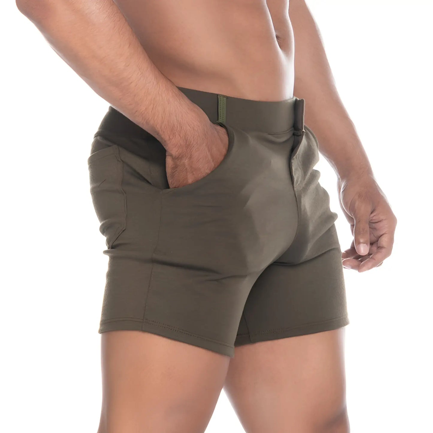Olive green gigo cargo shorts with fitted cut and side pockets designed for athletic and casual use