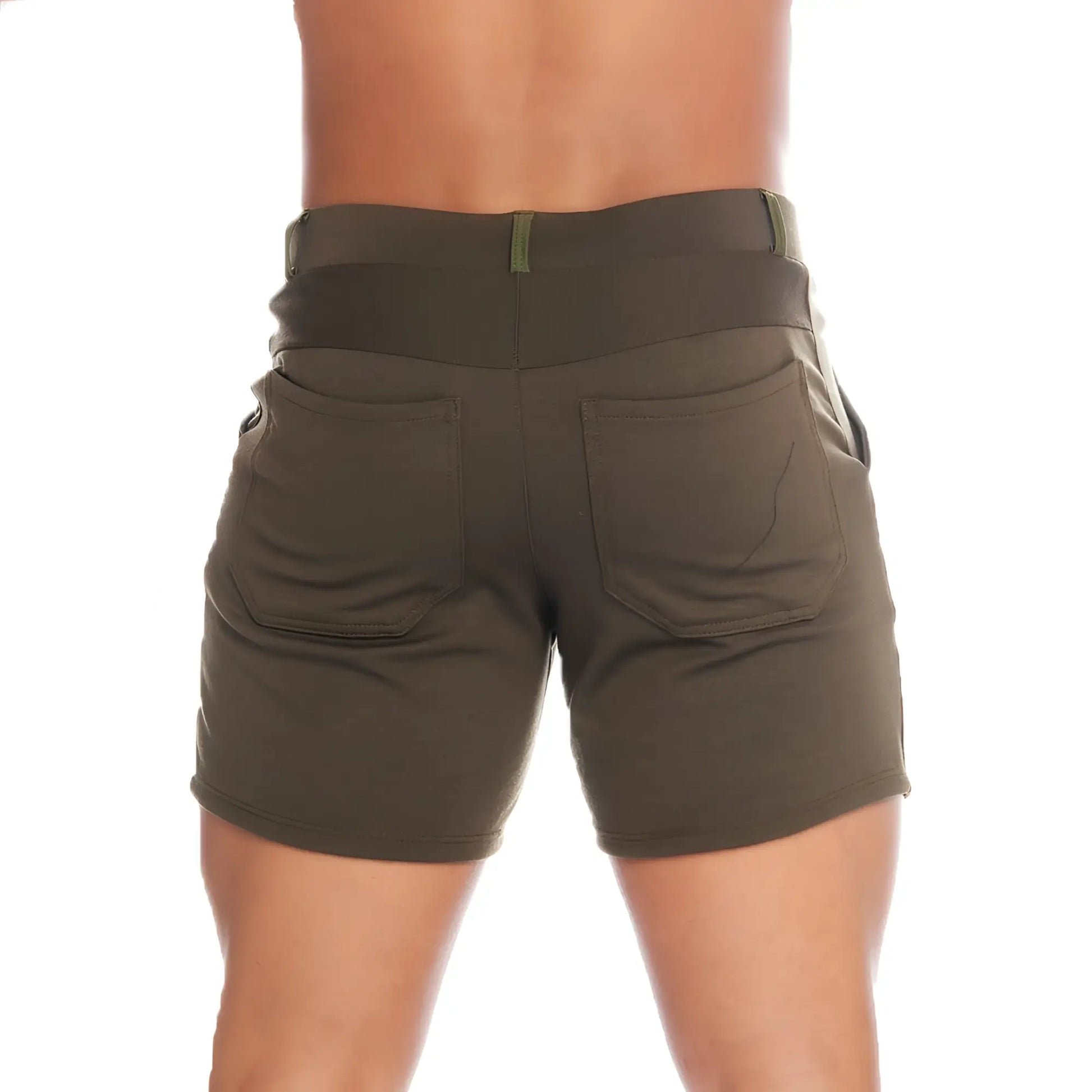 Olive green gigo cargo shorts showing the back with a wide elastic waistband and two pockets for athletic use