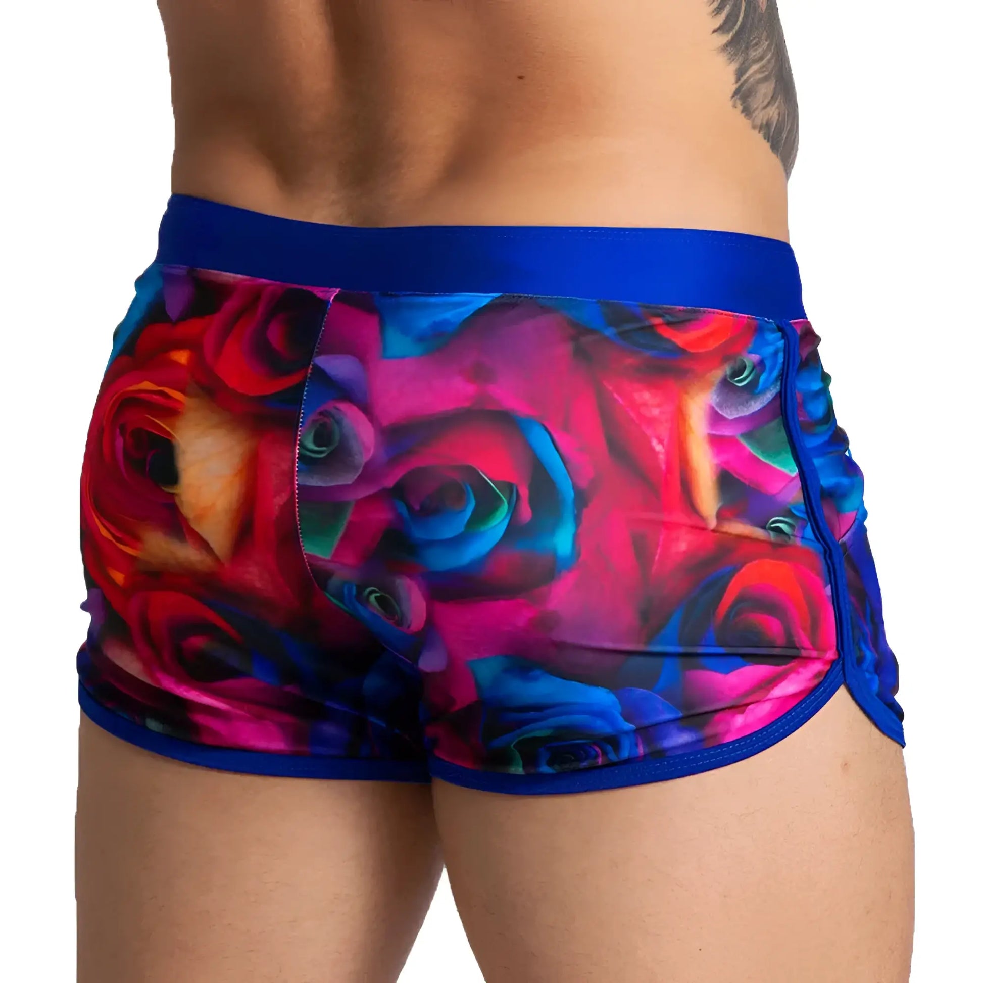 Gigo carnations beachwear vibrant multicolored rose-patterned menâ€™s shorts with bold blue elastic waistband and trim