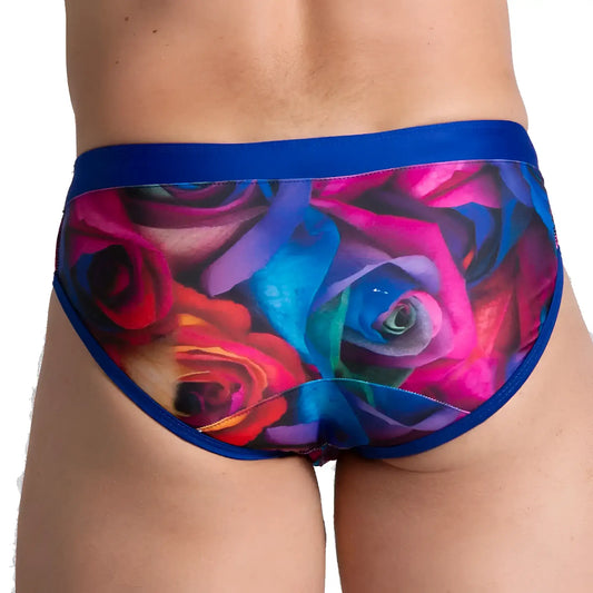 Vibrant multicolored rose print gigo carnations swim brief with solid blue waistband and trim for swimwear use
