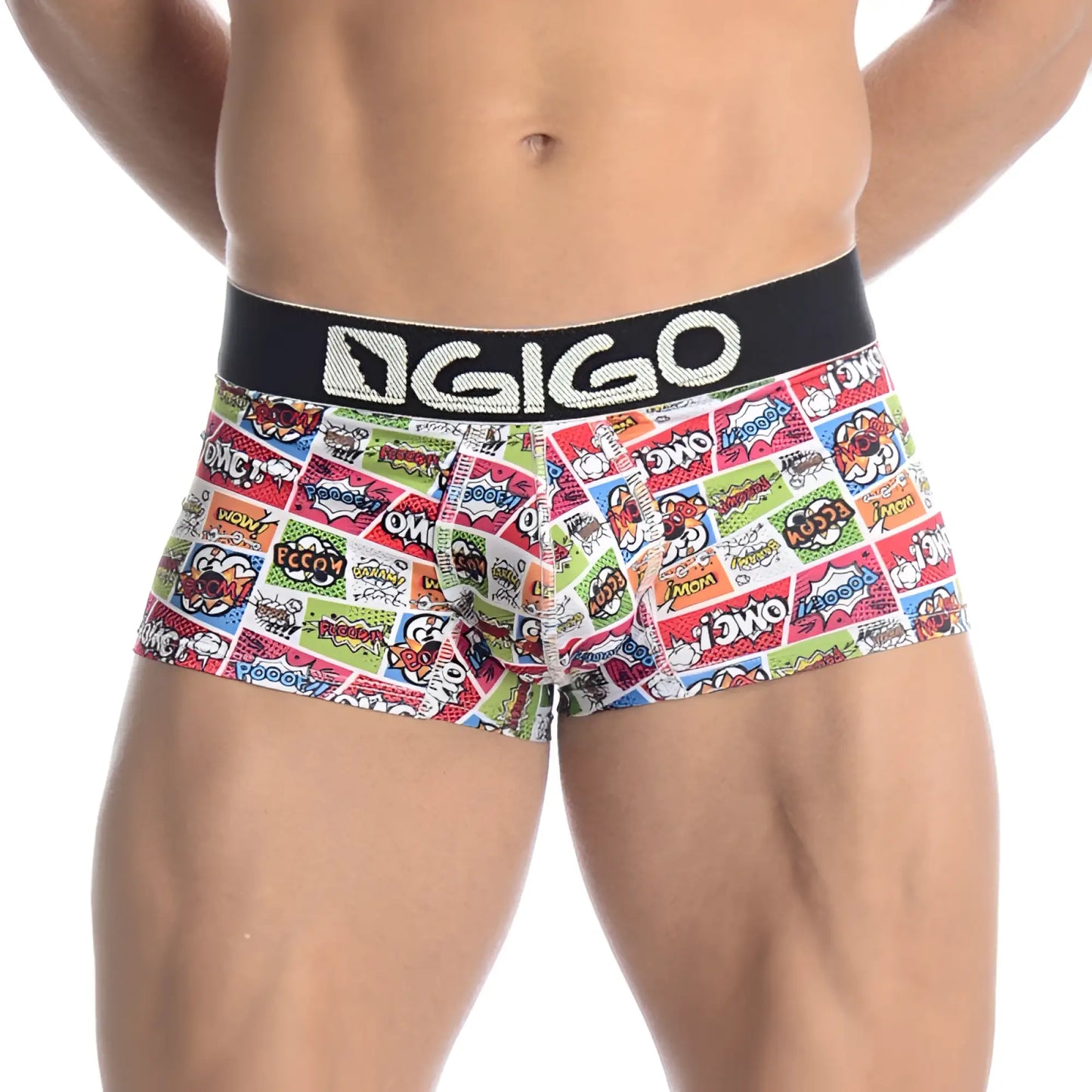 Vibrant comic book themed men’s boxer briefs with black gigo logo waistband in size large for comfortable wear