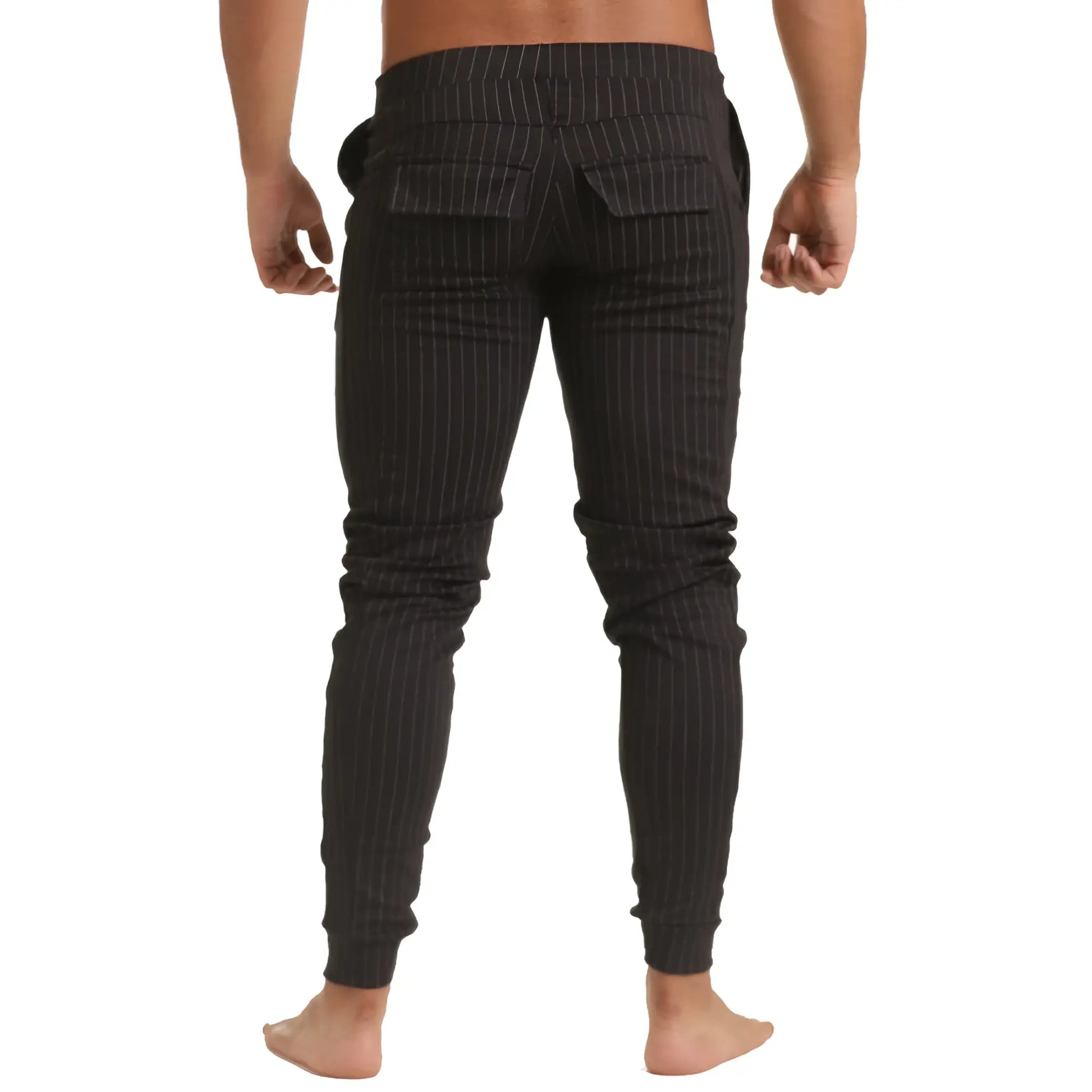Black pinstripe slim fit joggers with elastic cuffs by gigo casual designed for comfortable sportwear