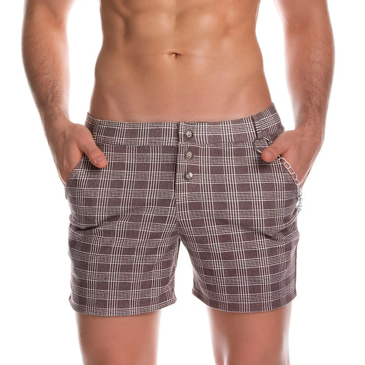 Gigo casual brown short brown and white plaid shorts with button closures for casual wear