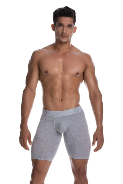 Gray heathered men’s boxer briefs with subtle elastic waistband from gigo cautious grey long boxer underwear g04234 size l