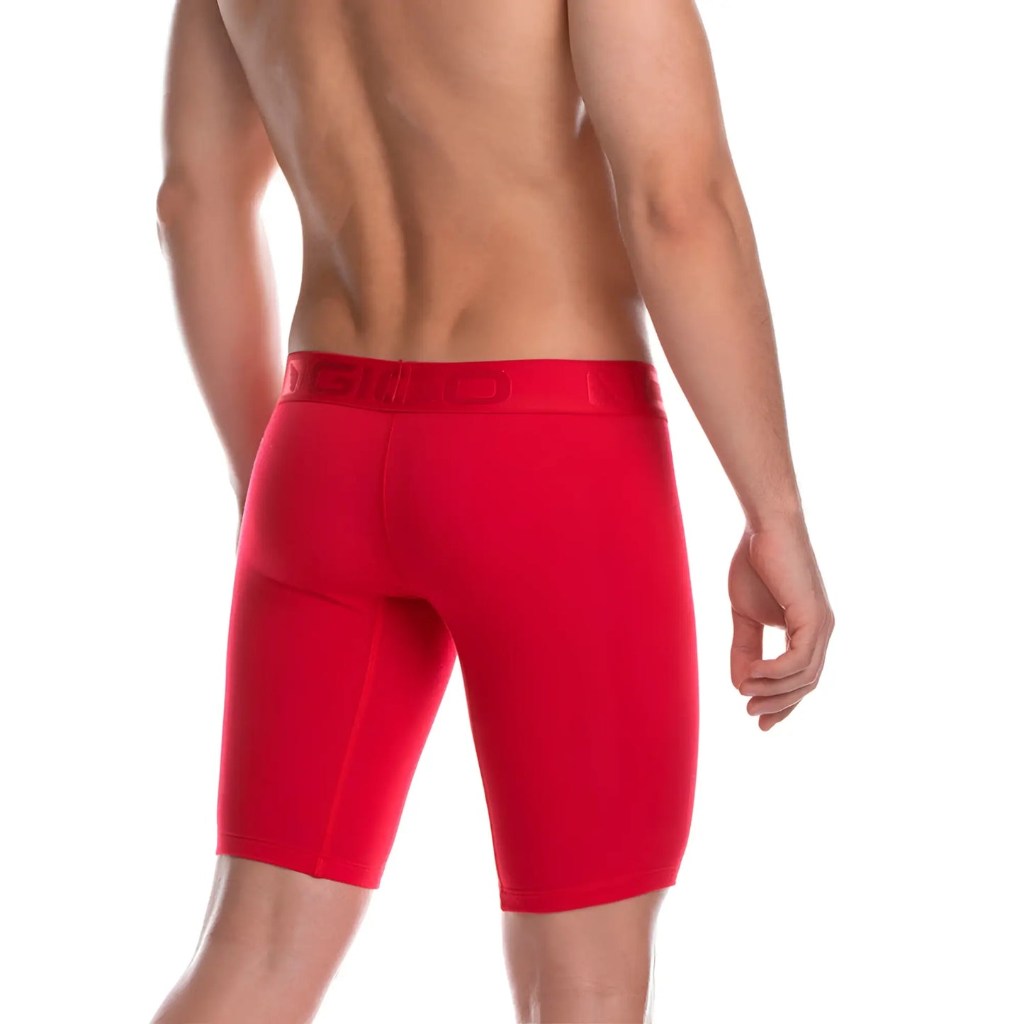 Red athletic briefs with a matching elastic waistband featuring subtle branding from gigo cautious red trunk long collection