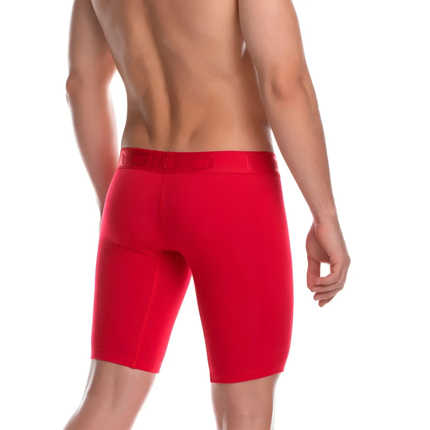 Red athletic briefs with a matching elastic waistband featuring subtle branding from gigo cautious red trunk long collection