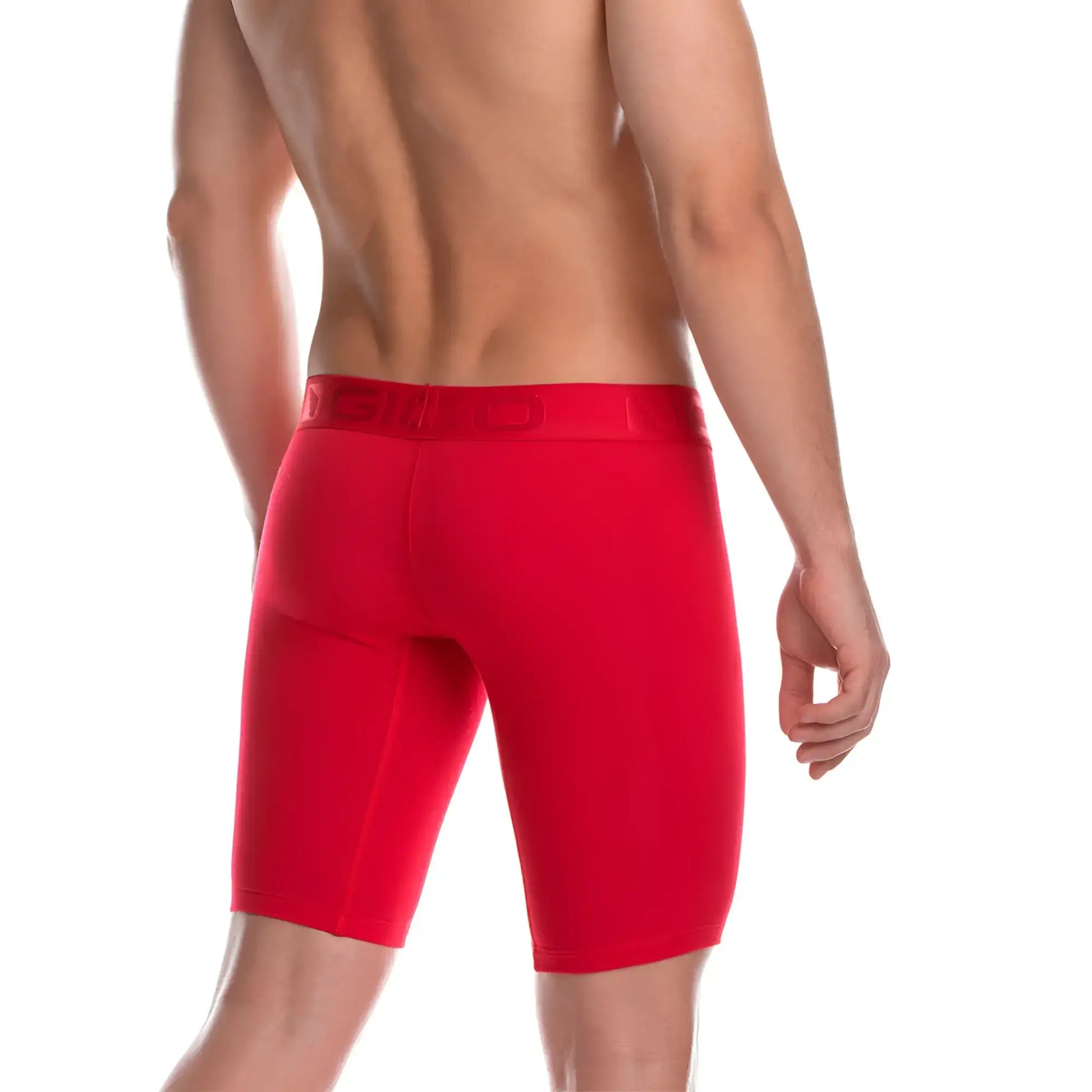 Red athletic briefs with a matching elastic waistband featuring subtle branding from gigo cautious red trunk long collection
