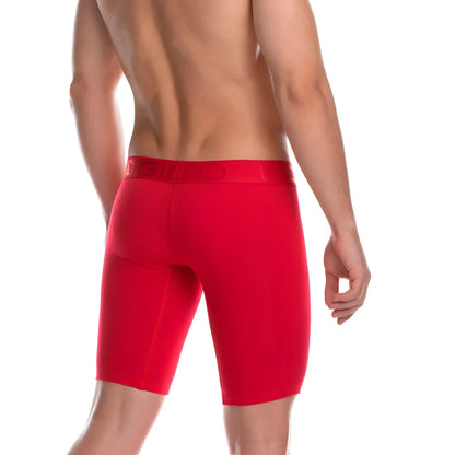 Red athletic briefs with a matching elastic waistband featuring subtle branding from gigo cautious red trunk long collection