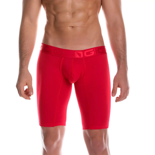 Red menâ€™s athletic briefs with snug fit and elastic waistband featuring gigo brand logo in cautious red trunk long style