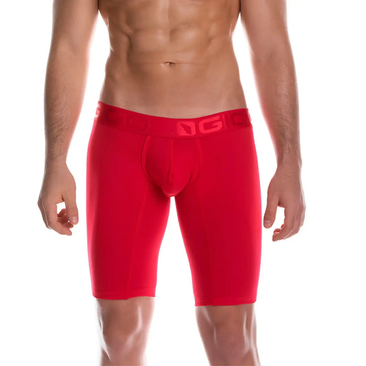 Red menâ€™s athletic briefs with snug fit and elastic waistband featuring gigo brand logo in cautious red trunk long style
