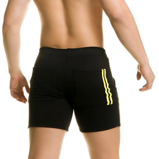Gigo Chari black athletic shorts with bold yellow vertical stripes on side pockets for activewear use