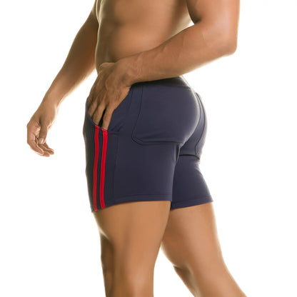 Navy blue Gigo Chari blue short athletic shorts with bold red side stripes for sports and casual wear