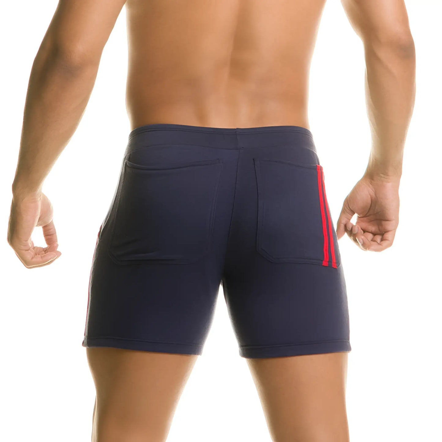 Back view of navy blue Gigo Chari athletic shorts with red side stripes and two back pockets for casual wear
