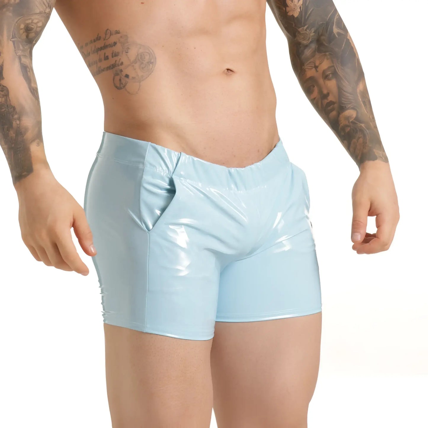 Light blue glossy latex gigo charol blue hotshorts with a sleek, form-fitting design for a stylish look
