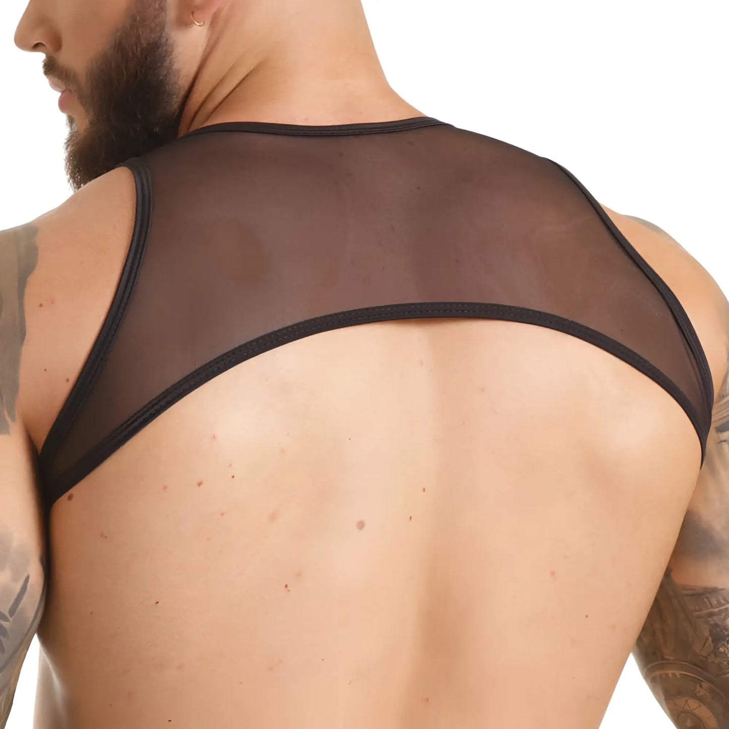 Black sheer mesh tank top with black trim and harness detailing from gigo clandestine harness collection