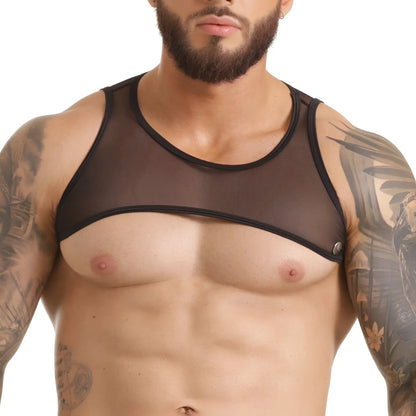 Black sheer mesh tank top with black trim and side button closure from gigo clandestine harness collection