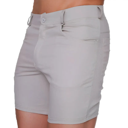 Light gray tailored gigo classic forever beige shorts with button closure and subtle stitching details