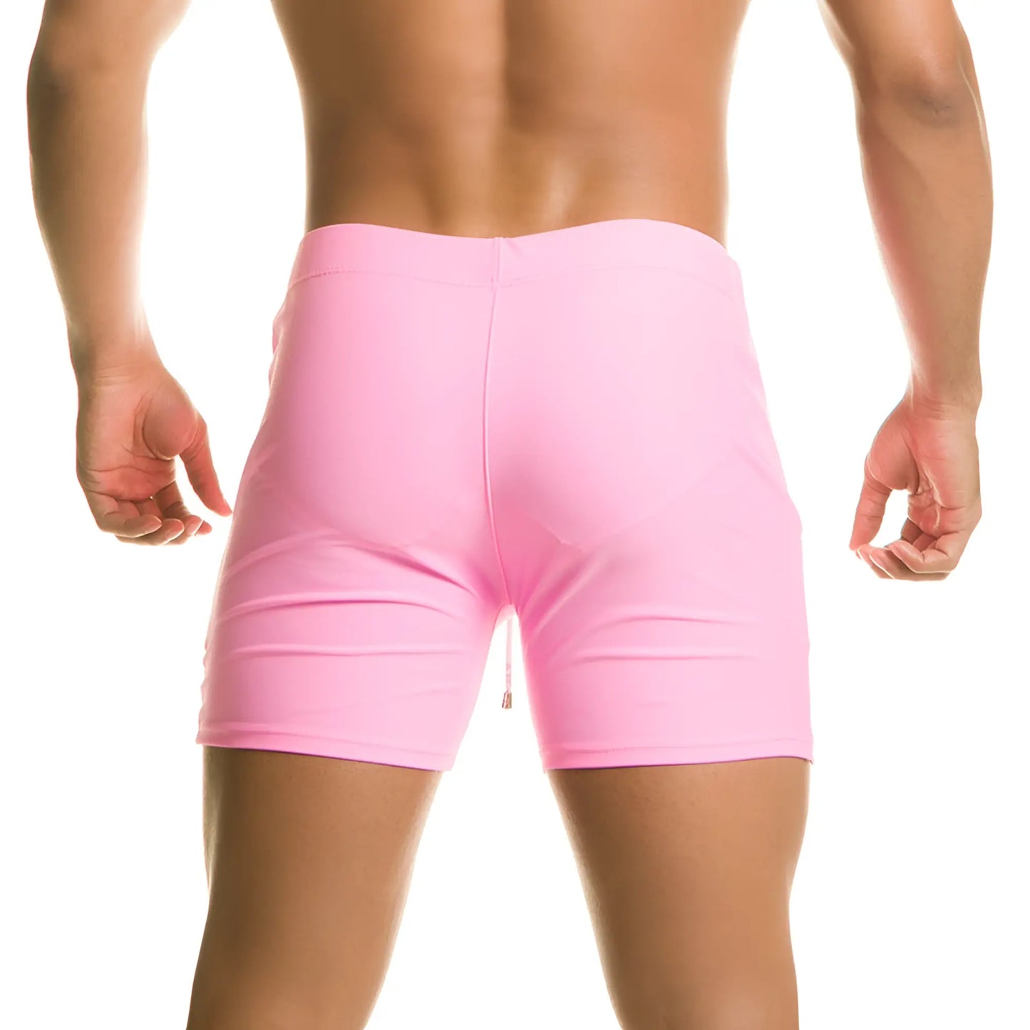 Pink athletic shorts with smooth form-fitting fabric and small back zipper from gigo classic pink beachwear collection