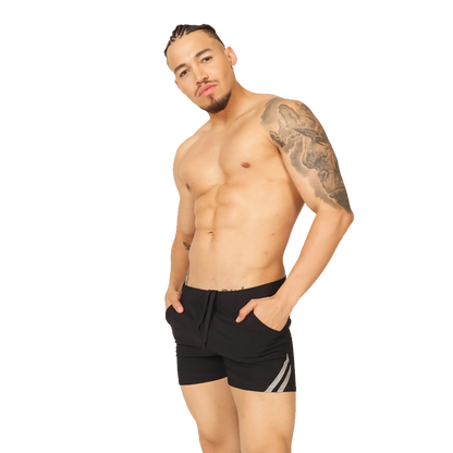 Gigo Club black athletic shorts with gray diagonal stripes on the side designed for sports and casual wear