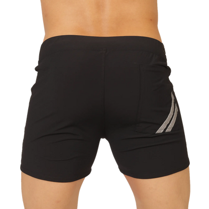 Gigo Club black short with sleek form-fitting design and subtle gray diagonal stripes on the side made for athletes