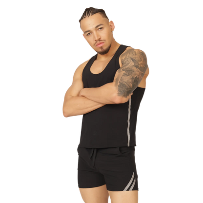 Black athletic tank top gigo club with gray side stripes designed for activewear and breathable comfort