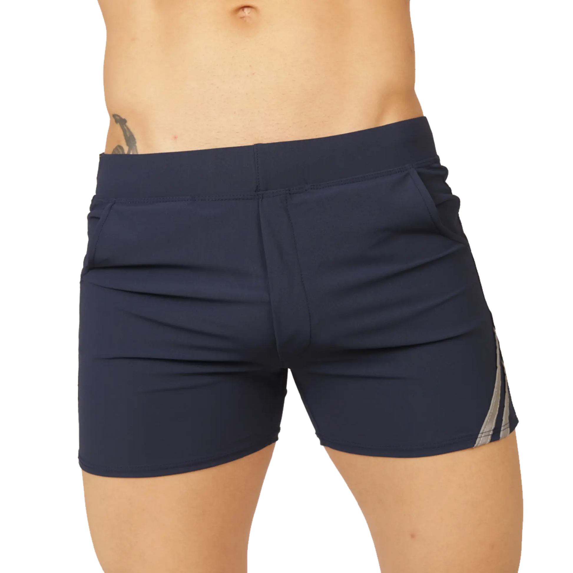 Navy blue gigo club blue short swim trunks with subtle gray and white striped side panel for casual swimming