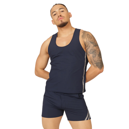 Navy blue athletic tank top with gray side stripes designed for active wear from Gigo Club blue tank collection
