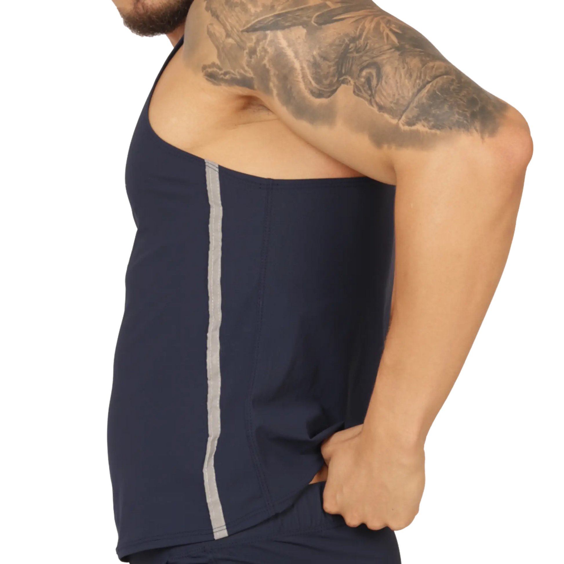 Navy blue Gigo Club athletic tank top with vertical silver stripe down the side for active wear
