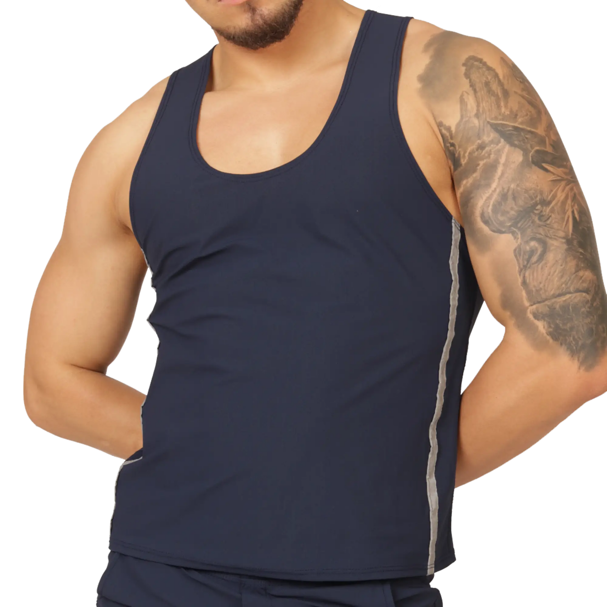 Navy blue sleeveless tank top with gray side stripes by gigo club made from breathable fabric for active wear